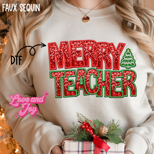 Merry Teacher Faux Sequin DTF